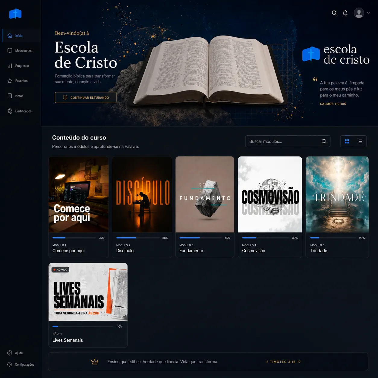 Plataforma da Escola de Cristo — prévia dos módulos